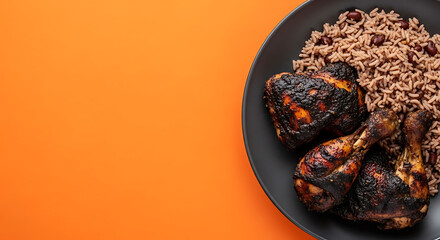 Grilled Chicken Drumsticks with Rice and Beans on Black Plate Orange Background