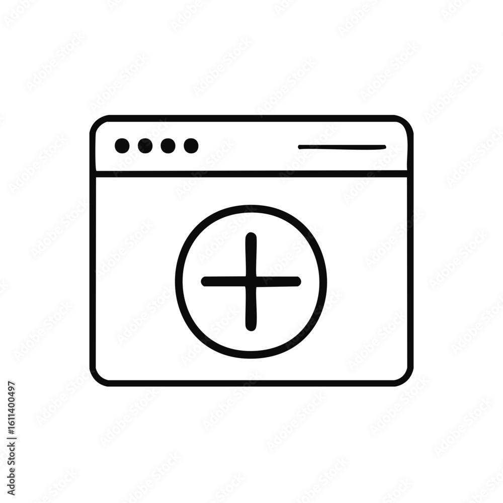 Poster outline vector illustration of an internet browser window with a prominent plus sign for adding.
