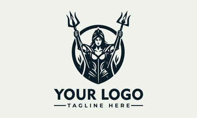 Powerful female warrior logo design, wielding tridents, encircled by flames, ready for battle.