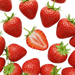 Multiple perfectly ripe red strawberries with green stems, one sliced revealing its juicy white core, scattered and floating against a clean plain white background, pristine healthy food concept