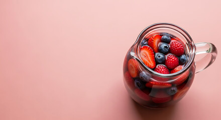 Refreshing Glass Pitcher Filled with Mixed Berries on Pink Background