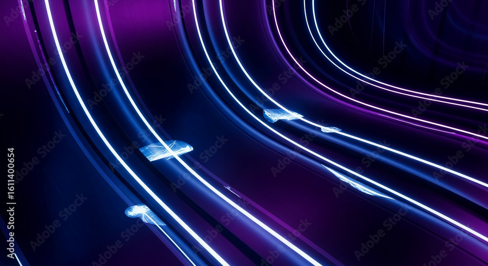 Poster abstract image of curving purple and blue neon lines on dark background, creating a dynamic and futu