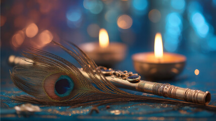 Lord Krishna bansuri with mor pankh and oil lamps blur, divine atmosphere with golden fabric, Hindu festival celebration setup, 4k image