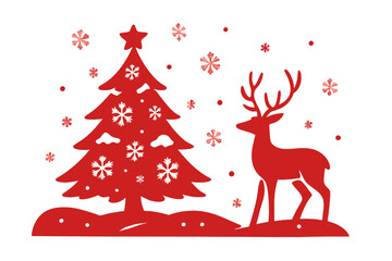 A deer family is depicted with snowflakes on a red paper art background for Christmas, holiday celebrations, parties, greeting cards, or a happy new year