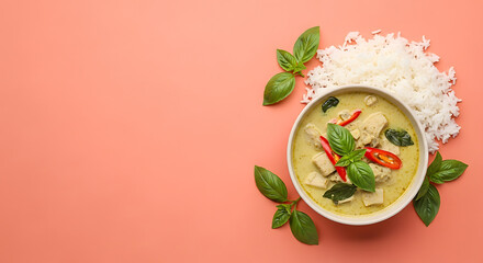 Thai Green Curry with Tofu Red Chili Basil and Jasmine Rice on Coral Background