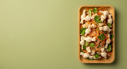 Gourmet Fried Chicken Bites with Sesame Seeds and Greens on Wooden Tray