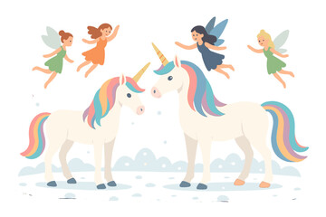 A whimsical winter scene featuring a unicorn family strolling through the snow as tiny fairies flutter about, serving as a Merry Christmas and Happy New Year 2022 greeting card for children, set