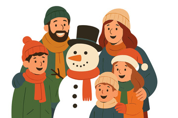 A festive holiday greeting card featuring a family and snowman, complete with a Christmas and New Year's inscription