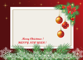 Merry Christmas 2026. New Year decoration with Christmas balls, fir branches and snowflakes on the background of the poster for your text. Vector illustration.