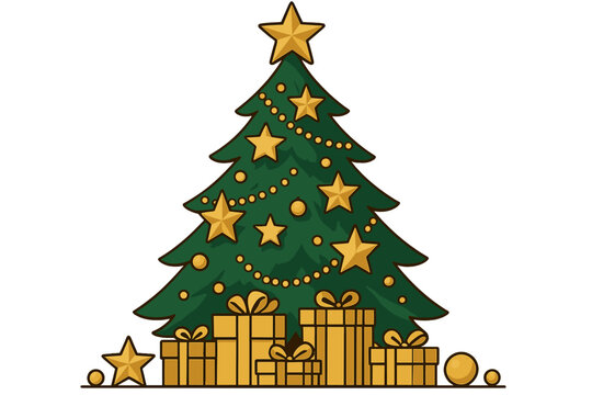 Un biglietto o uno striscione d'oro su sfondo nero per augurare Buon Natale e Felice Anno Nuovo, decorato con un albero formato da una palla di Natale, streamer, abete, stella, regali, bastoncino di