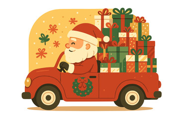 Vector greeting card featuring Cartoon Santa Claus and amusing reindeer characters riding a Christmas car filled with gift boxes, set against a yellow holiday background with Holly Jolly X-mas