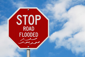 Stop road flooded red USA road sign