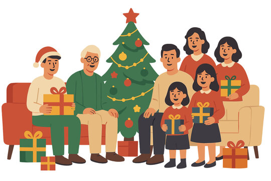 A large family reunion takes place around the Christmas tree on New Year's Eve, featuring multiple generations including grandparents, an adult son with his wife, and a grandson, all celebrating the