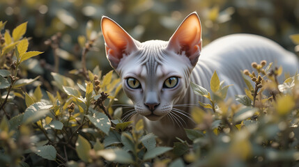 cat of the Sphynx breed hiding in the bushes