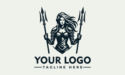 Female warrior in armor holding two tridents, with flowing hair, presented as a logo design.