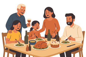 extended family gathered around table enjoying christmas meal with grandparents parents and kids engaged in conversation during holiday gathering festivities illustration in full length horizontal