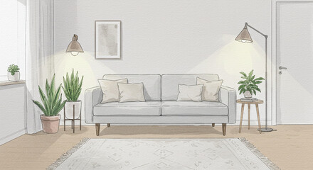 ホワイト　リビングルームの水彩画