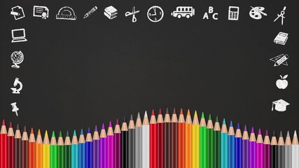 Hand Drawn Back To School Doodles And Colored Pencils On Black Chalkboard Loop - Powered by Adobe