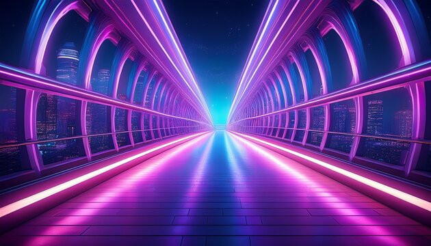 futuristic neon lit cityscape pedestrian bridge vibrant purple and blue nighttime tunnel walkway