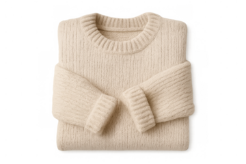 Warm beige woolen sweater folded neatly, isolated on transparent background, perfect for showcasing winter apparel