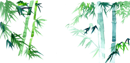水彩の手描き素材。滲みが美しい竹の背景素材