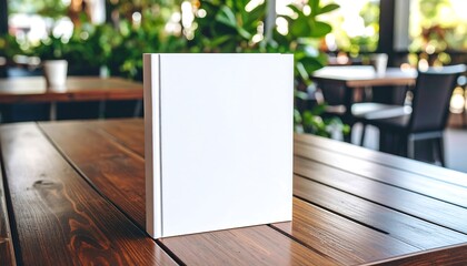 Blank white book on wooden table, cafe setting