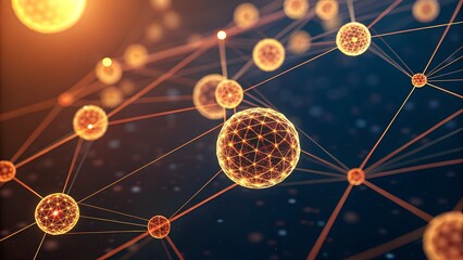 Bright orange spheres form a dynamic interconnected network structure. Lines flow between each node, visualizing abstract data processing and technology connections.