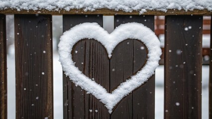 A heart shape is drawn in snow on a dark wooden fence with falling snowflakes creating a wintery, romantic scene.