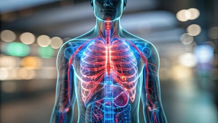 A detailed digital illustration of the human upper torso showing the circulatory system, lungs, and internal organs with highlighted arteries and veins.