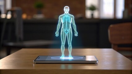 A holographic 3D human figure is projected above a smartphone on a table in a modern indoor setting.