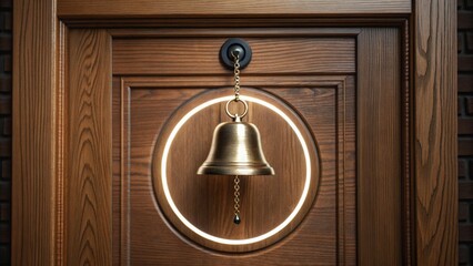 A brass bell hangs on a wooden door, framed by a circular inlay, blending traditional design with warm wood tones.