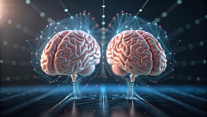 Two glowing human brains connected by neural network lines, hovering above a digital circuit board in a futuristic tech environment.