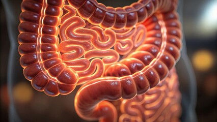 Close-up 3D illustration of the human large intestine and colon showcasing internal anatomy in detail with a glowing effect.