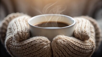 Hands in cozy knitted mittens hold a steaming cup of coffee, evoking warmth and comfort on a cold day.