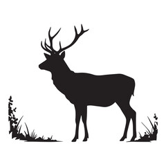 Majestic silhouette of a stag grazing on grass isolated on a pure white background