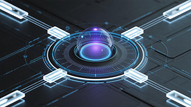 The futuristic sci-fi user interface features a glowing circular HUD, radial digital indicators, translucent white and blue technological elements, a minimalistic layout, soft lighting, and a cyber in