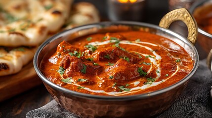 Fototapeta premium Creamy Butter Chicken in Copper Bowl with Fresh Naan Bread on Table
