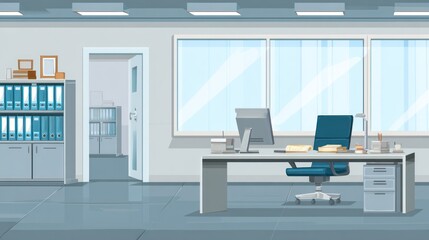Modern Office Workspace with Desk, Chair, and Filing Cabinets