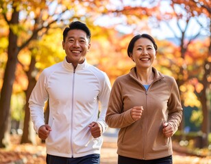 秋の公園を走るジョギング風景