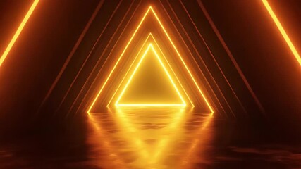 Vibrant orange neon light tunnel with glowing geometric triangles and reflective floor creating a futuristic abstract seamless looping background for virtual ev - Powered by Adobe