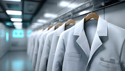 Sterile lab coats hanging neatly on hooks near entrance of lab, Professional stock photo, AI generated photograph