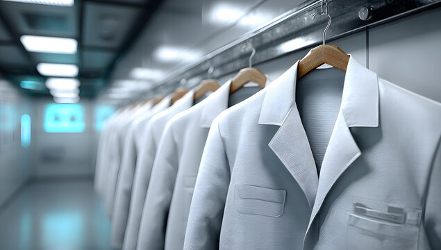 Sterile lab coats hanging neatly on hooks near entrance of lab, Professional stock photo, AI generated photograph