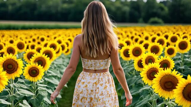Blonde woman with long hair walking through a sunflower field with arms outstretched, enjoying freedom and nature