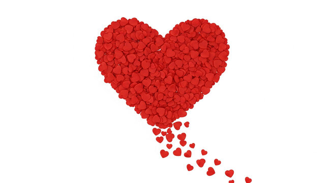 Large heart formed by many small red hearts, some falling, on white background, symbolizing love, Valentine's Day, affection, romance, free space for text