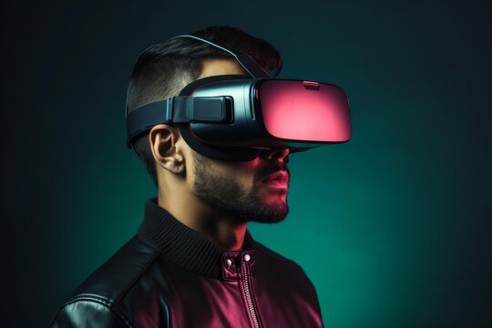 Stylish man using vr headset exploring virtual reality world, enjoying immersive experience with innovative technology
