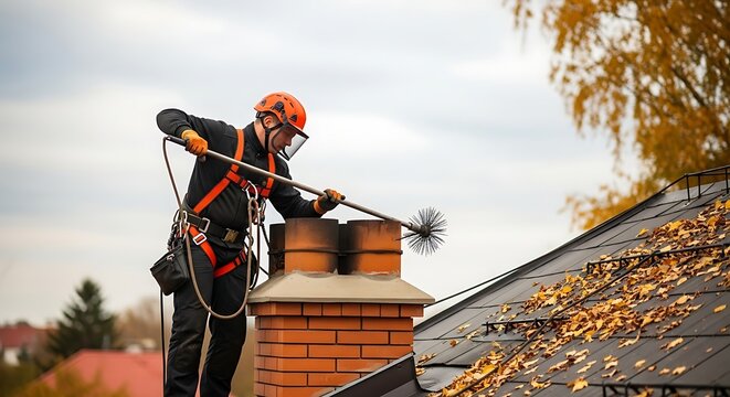 Worker cleaning chimney on residential rooftop