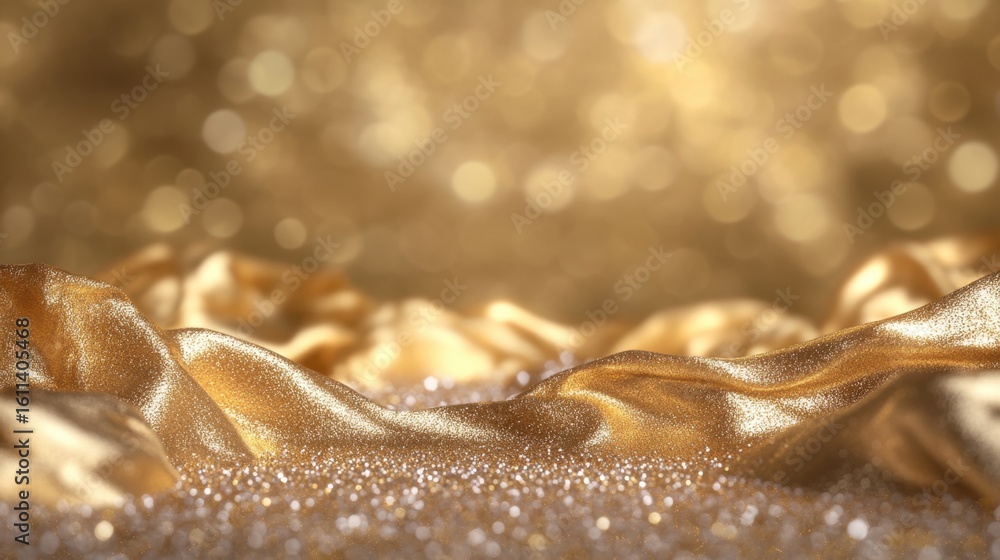 Poster abstract golden fabric with sparkling glitter and bokeh effect
