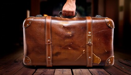 vintage leather suitcase worn and scratched showing signs of age and travel antique style retro style journey