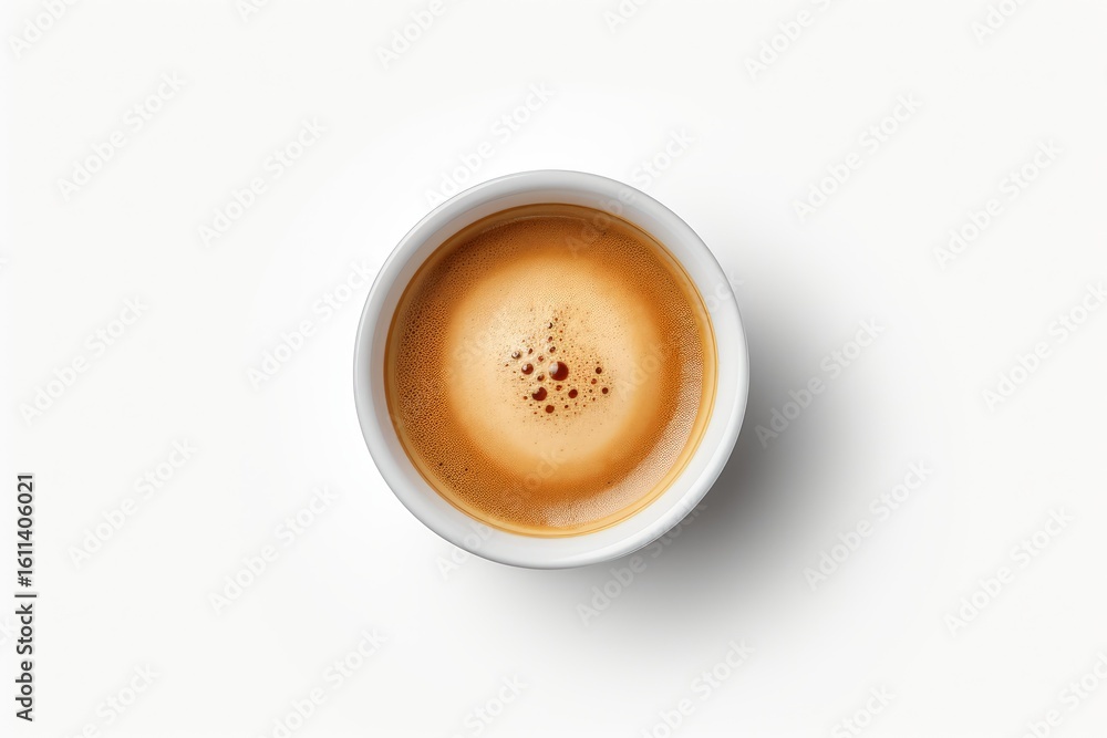 Poster freshly brewed coffee with crema sits in a simple white cup, creating a minimalist image against a c