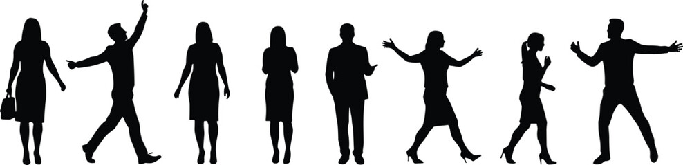Silhouettes of business people in various poses—walking, talking, gesturing—corporate teamwork and communication concept on white background